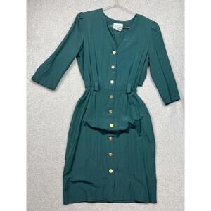Vintage Peri Button Up Midi Dress Womens Petites 12 Gold Button Green Minimalist